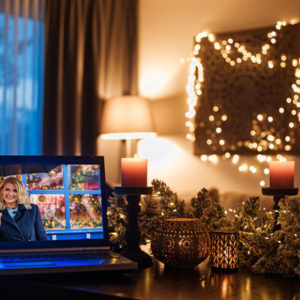 Woman on tv screen in room decorated for Christmas